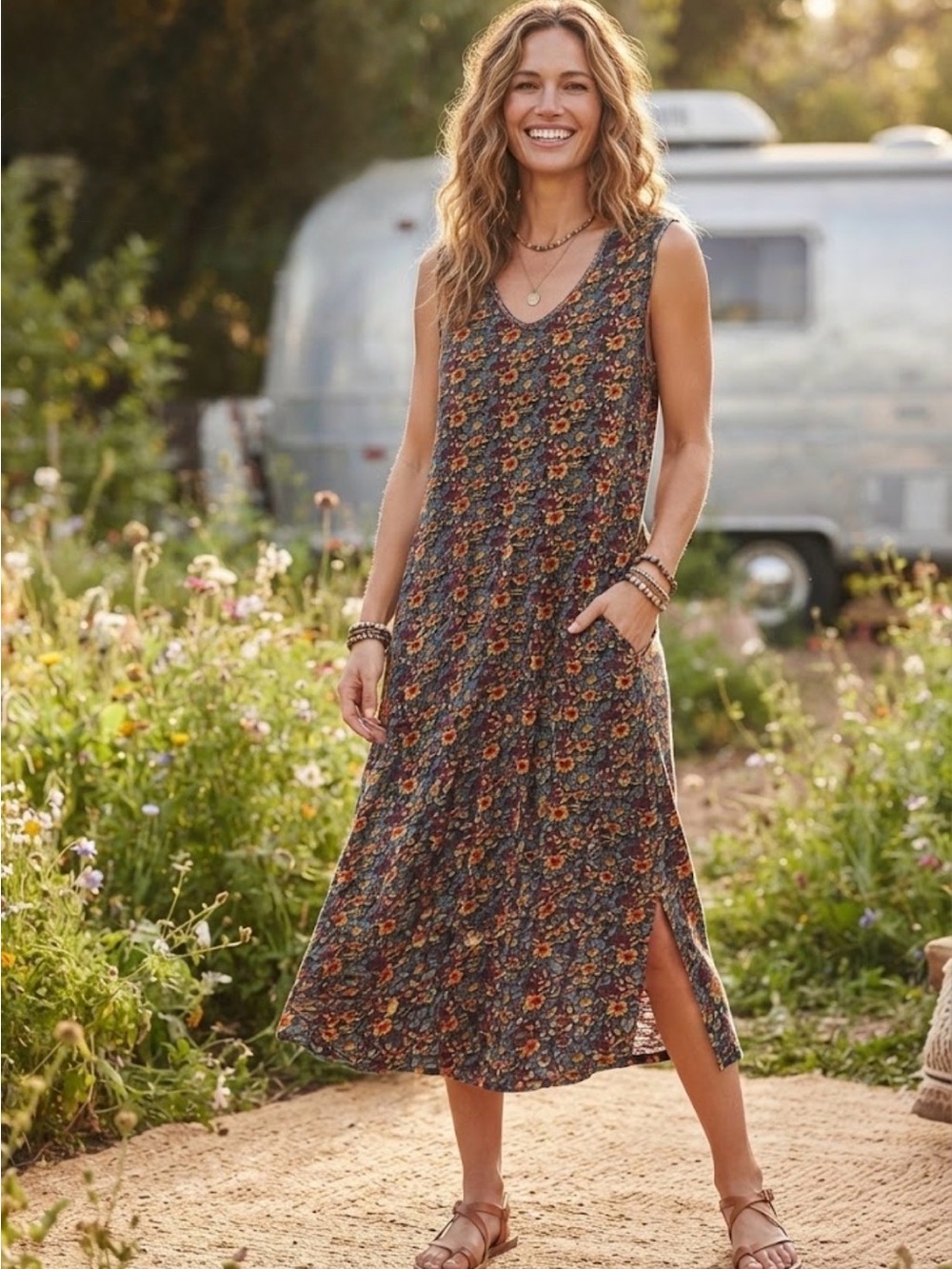 Natural Life Hangout Cotton Midi Dress L/XL Bohemian Vibe Pockets LIKE NEW